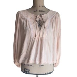 Free People Boho Balloon Sleeve Peach White Peasant Blouse Sz Small